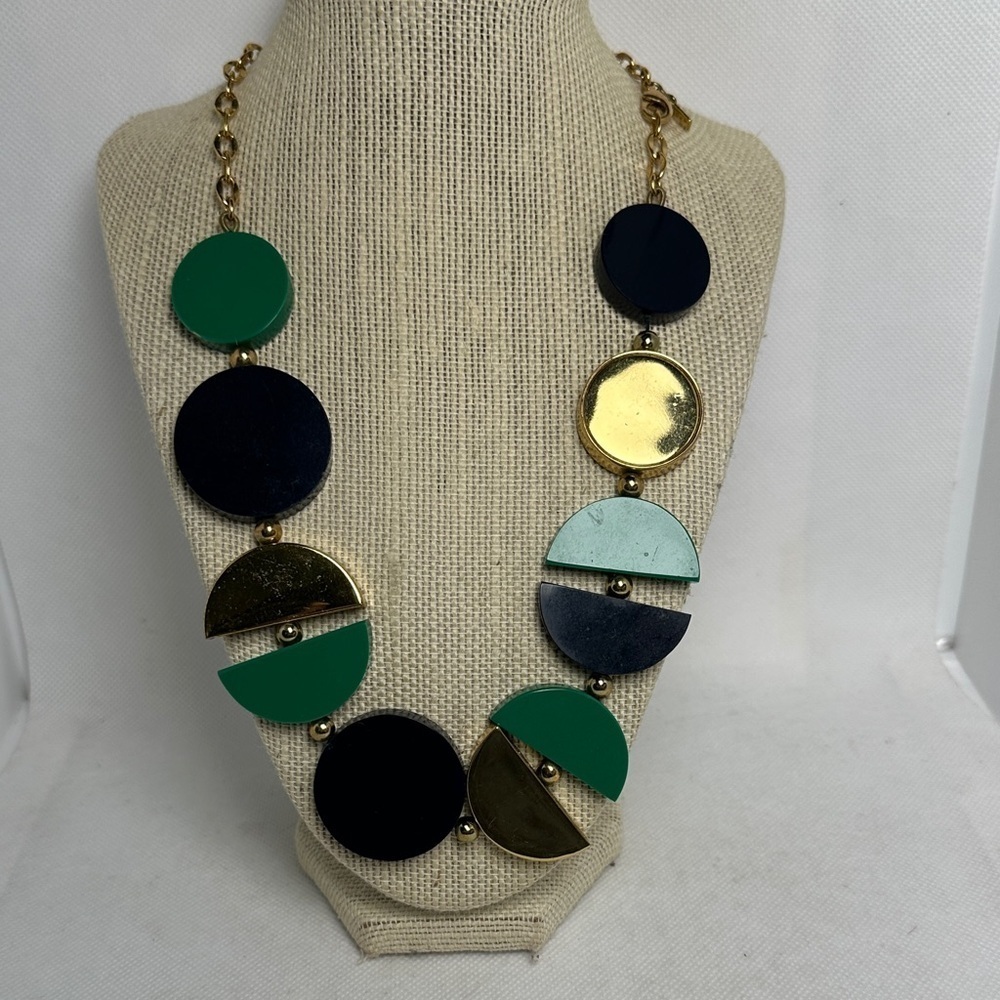 Kate Spade New York Green Navy & Gold Geometric Disc Statement Necklace 22”